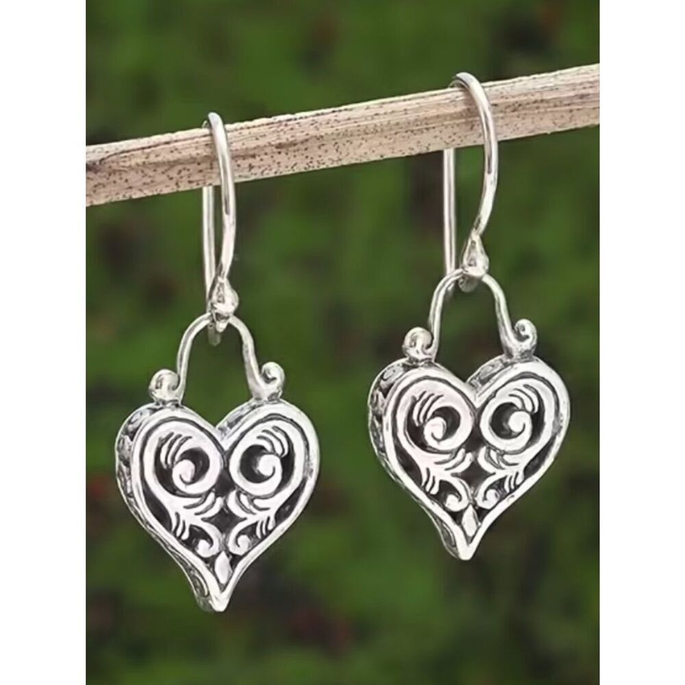 Art Deco Inspired Earrings Silver Heart Shape Filigree Pendant w/Scrolled Design
